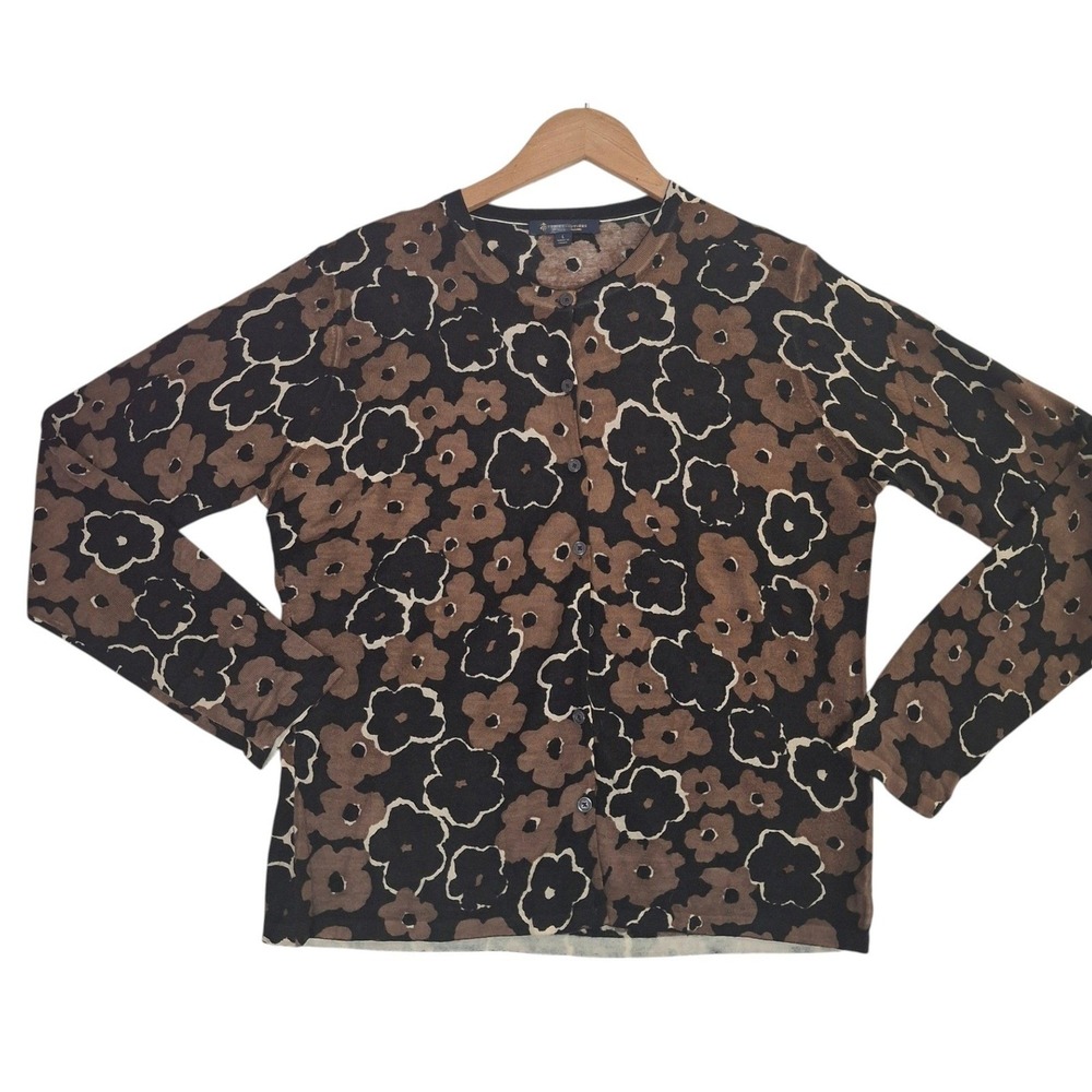 Brooks Brothers Extra Fine Merino Wool Floral Cardigan Sweater Brown Black Large